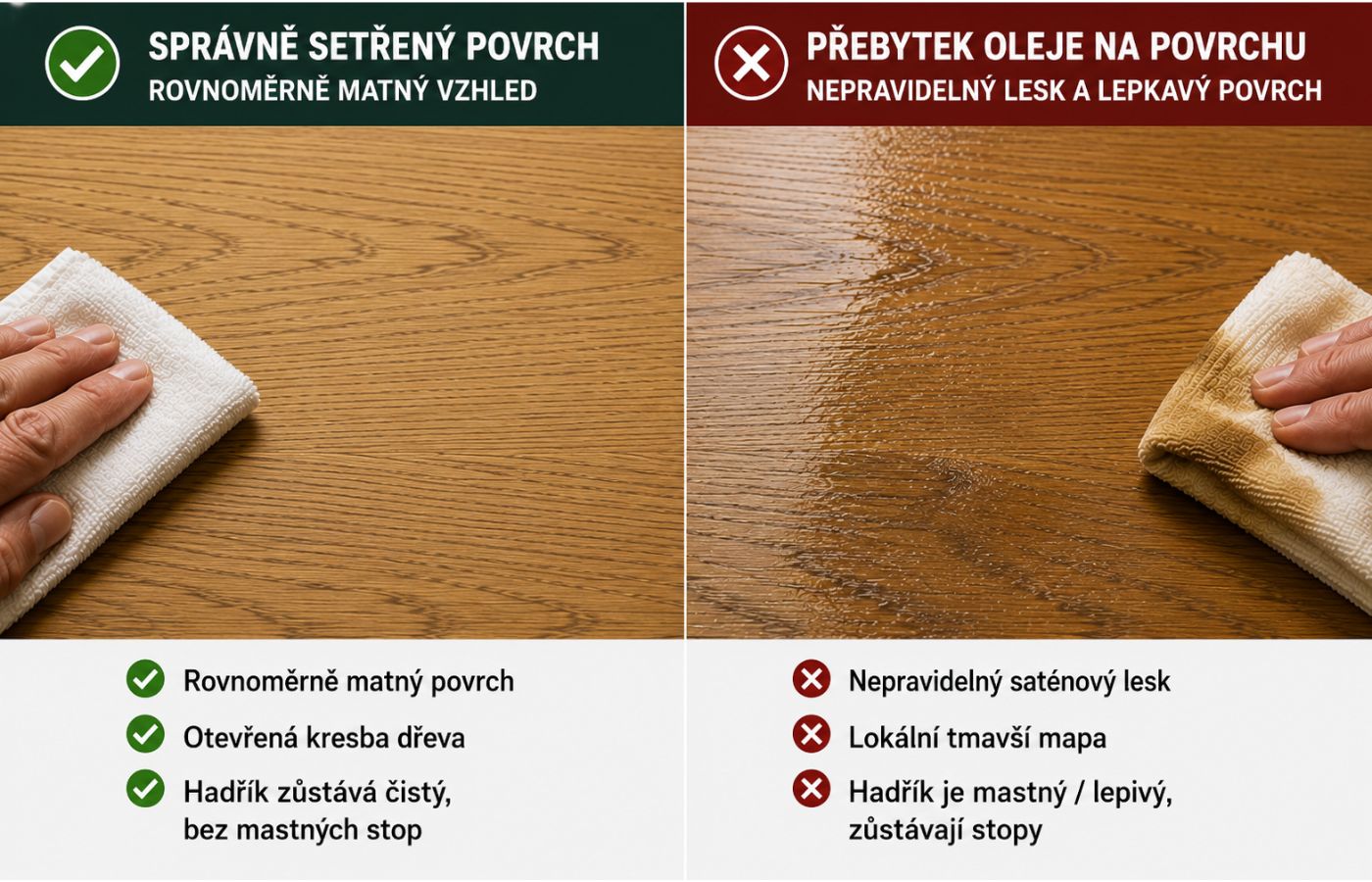 Srovnání matného správně setřeného povrchu a lesklého povrchu s přebytkem oleje